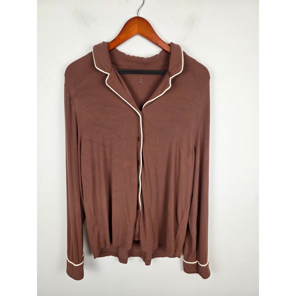 Cozy Earth Womens Ribbed Bamboo Pajama Top Brown Long Sleeve Button Down Small